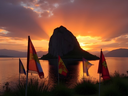 Sunset at Shamanka Rock on Olkhon Island with colorful prayer flags