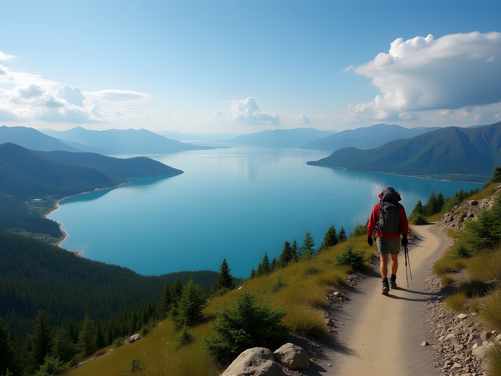 Solo hiking along the Great Baikal Trail with lake views