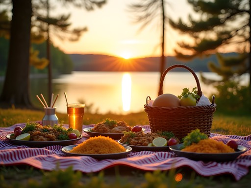 Lakeside sunset picnic with local food spread on blanket overlooking Lake Carasaljo in Lakewood