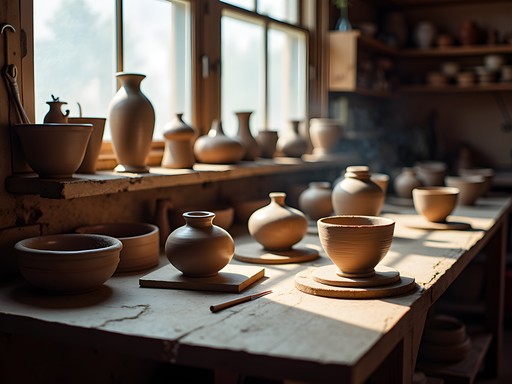 Traditional pottery workshop in Lakewood showing hands crafting clay with natural light streaming in