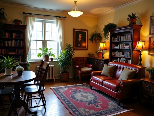 Cozy common room at Pine Cone Hostel in Lakewood with vintage furniture and communal atmosphere