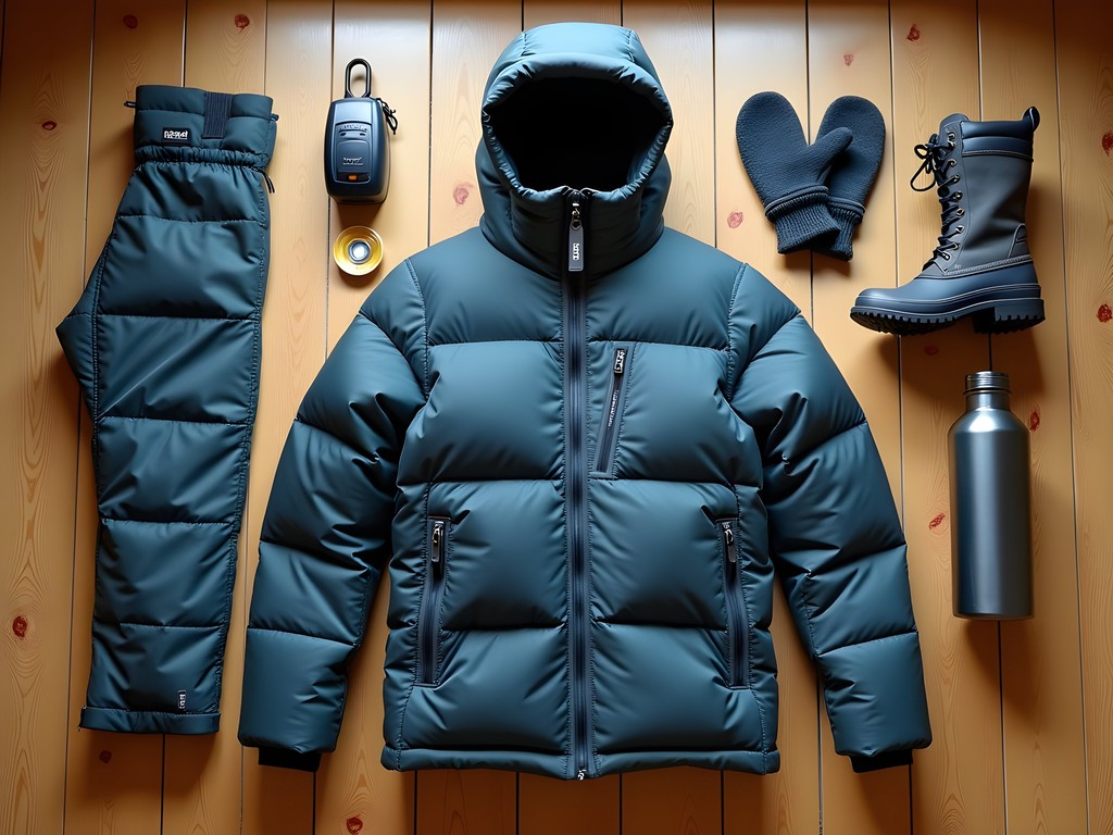 Winter survival gear laid out for Finnish Lapland adventure
