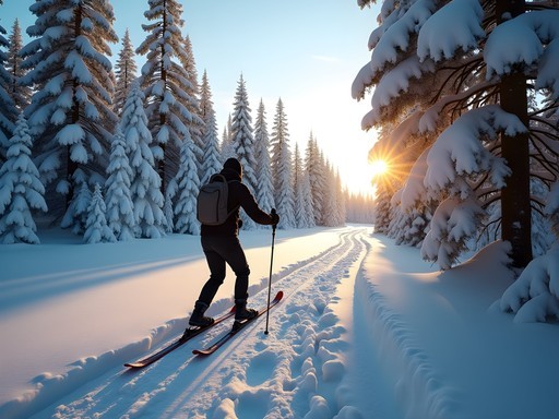 Cross-country skiing on a marked winter trail in Finnish Lapland