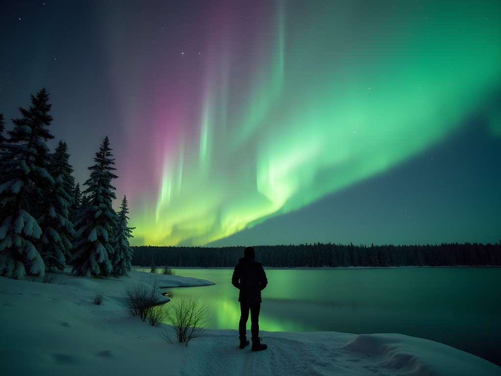 Solo traveler watching northern lights over frozen Finnish lake