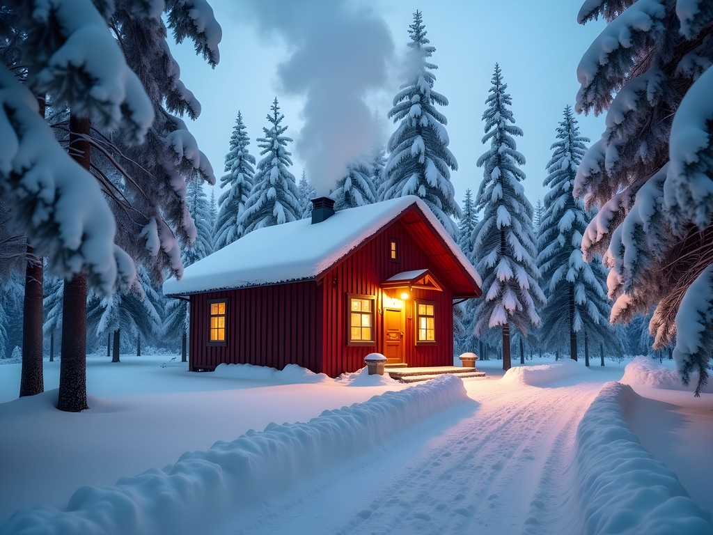 Traditional Finnish wilderness cabin in snowy Lapland forest
