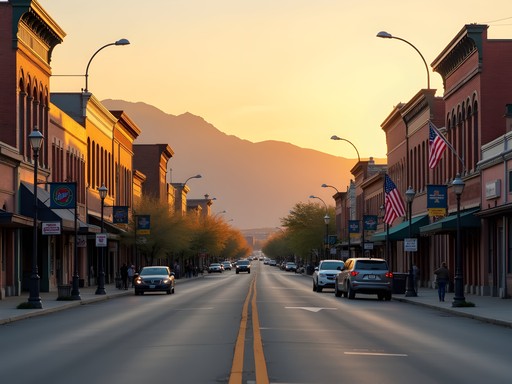 Historic downtown Lewiston, Idaho at sunset with mountain backdrop