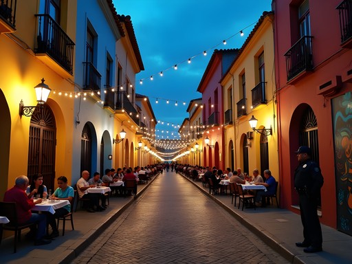 Evening scene in Lima's Barranco district showing well-lit streets and outdoor cafes