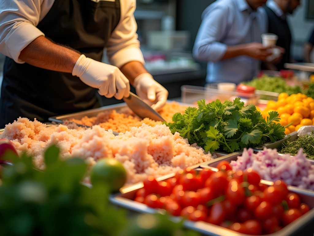 Fresh ceviche being prepared at a local Lima market counter