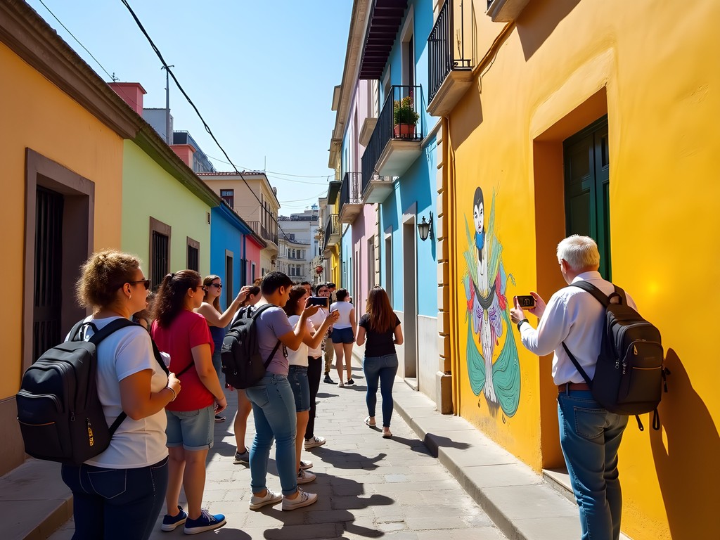 Group of tourists on a free walking tour in Lima's colorful Barranco district