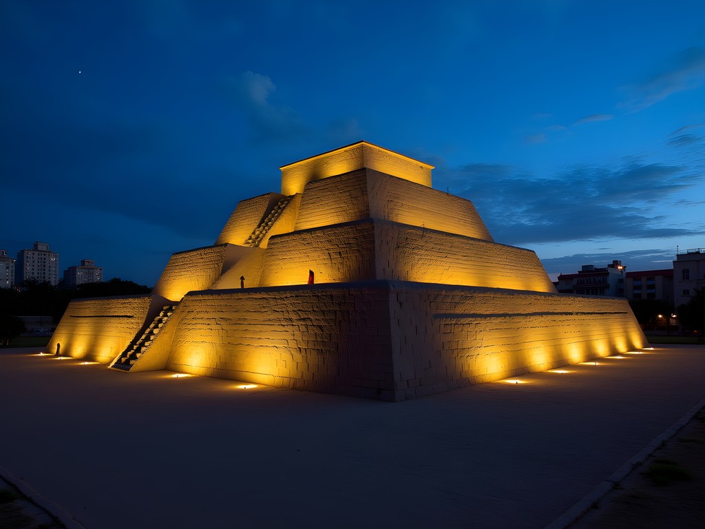 Evening view of illuminated Huaca Pucllana pre-Inca pyramid in Miraflores, Lima
