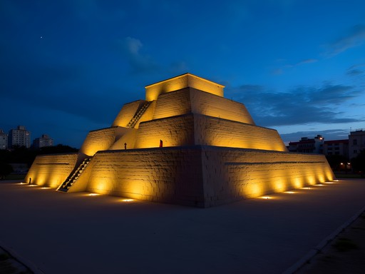 Evening view of illuminated Huaca Pucllana pre-Inca pyramid in Miraflores, Lima