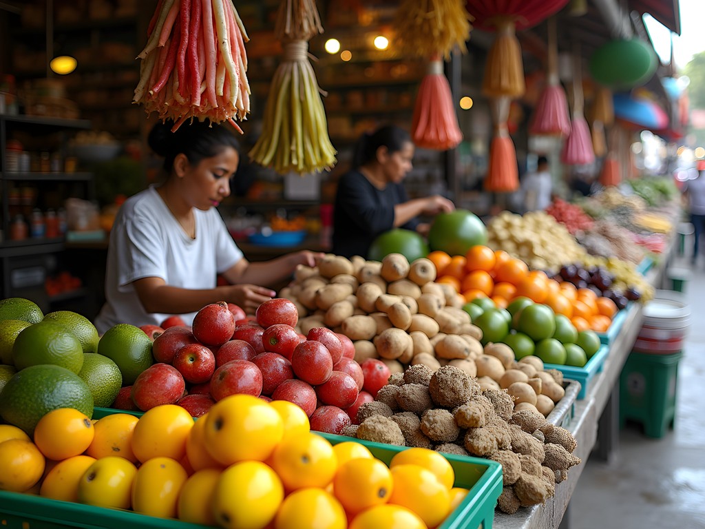 Colorful display of Peruvian fruits and vegetables at Mercado Surquillo in Lima