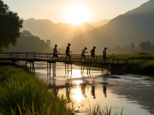 Traditional seasonal bamboo bridge crossing the Nam Khan River in Luang Prabang