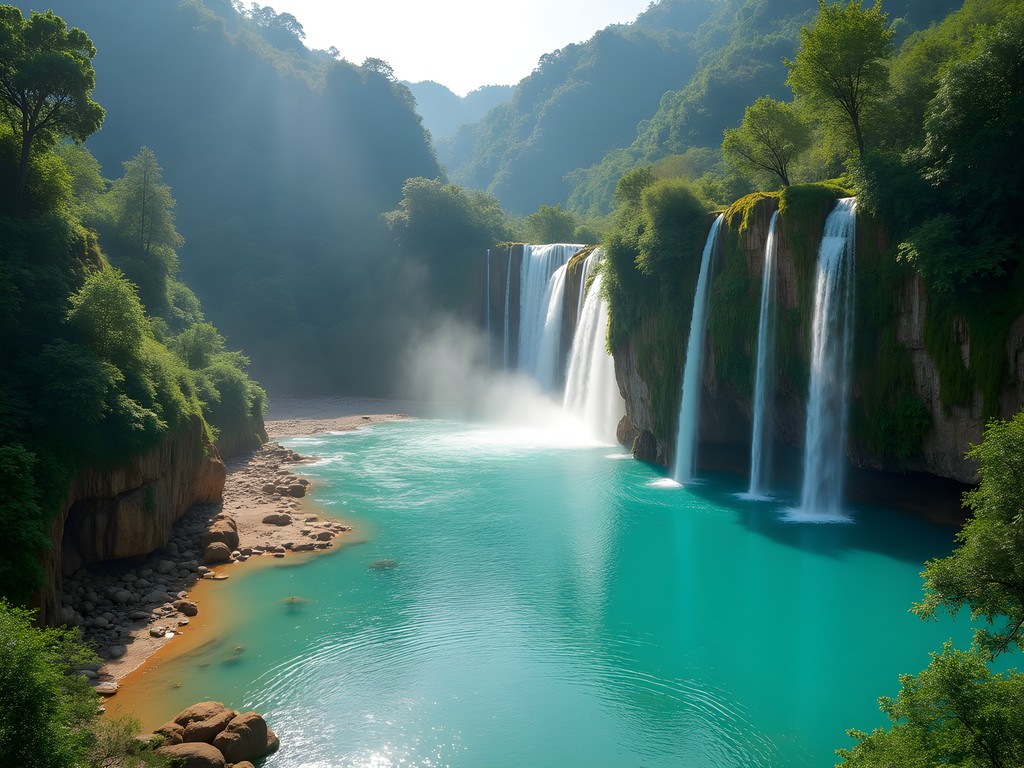 Turquoise pools of Kuang Si Waterfall surrounded by lush jungle near Luang Prabang