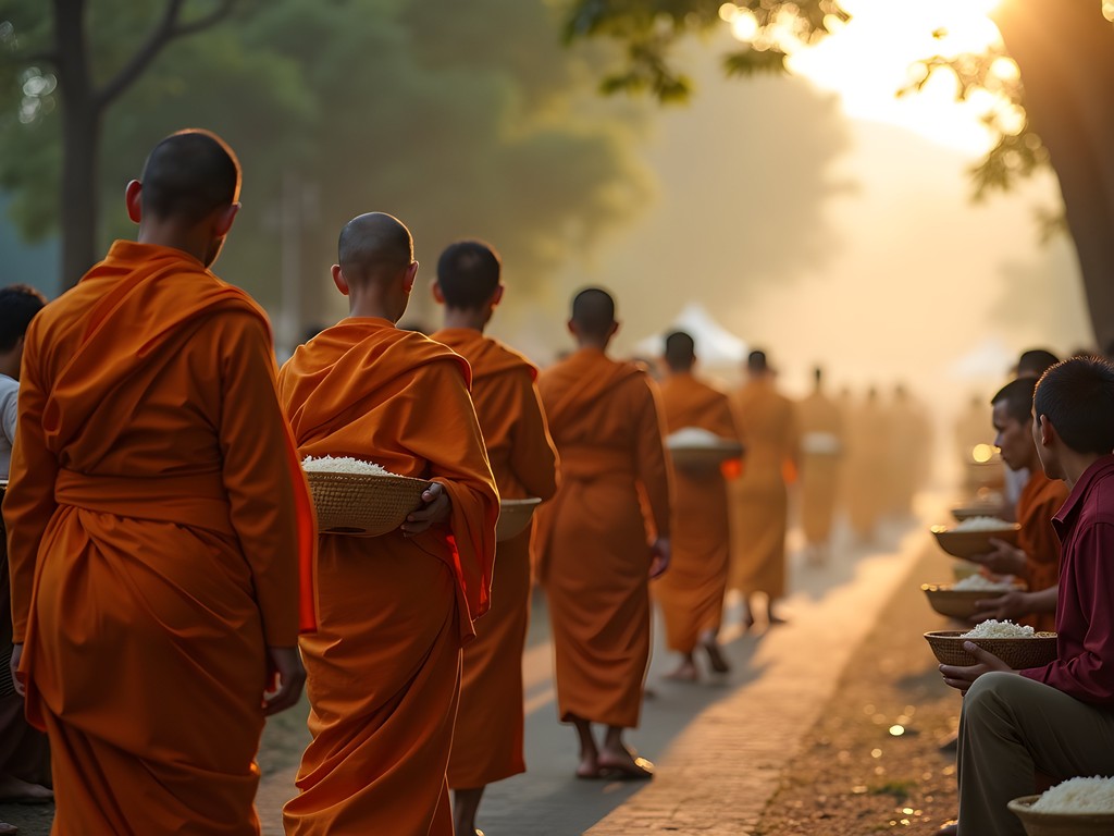 Buddhist monks in saffron robes collecting morning alms in Luang Prabang