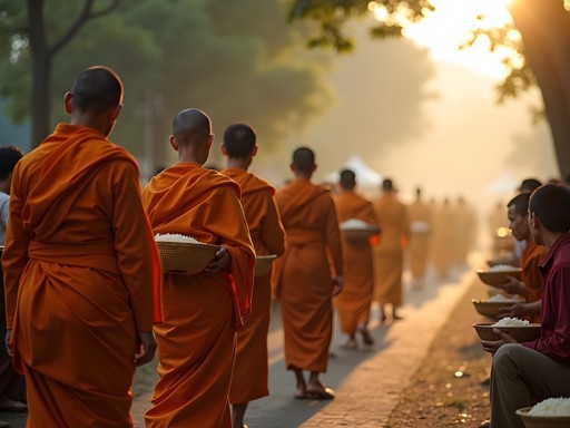 Buddhist monks in saffron robes collecting morning alms in Luang Prabang