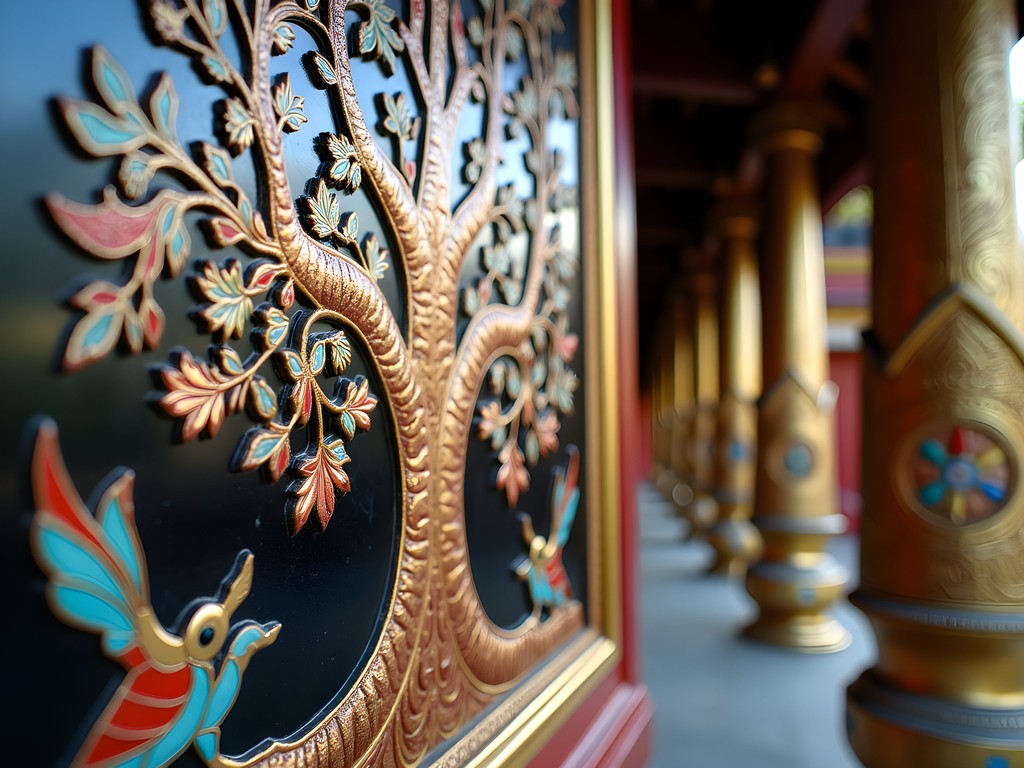 Ornate architectural details of Wat Xieng Thong temple in Luang Prabang