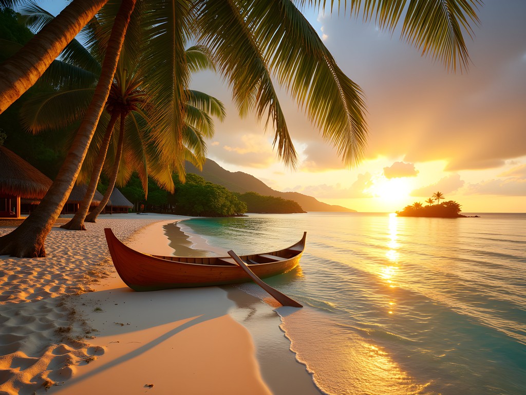 Sunset at Lonnoc Beach with traditional outrigger canoe