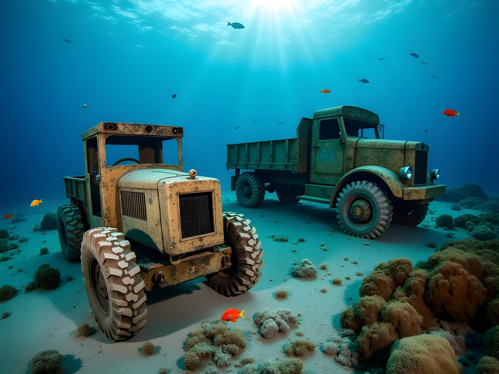 Underwater view of sunken WWII equipment at Million Dollar Point