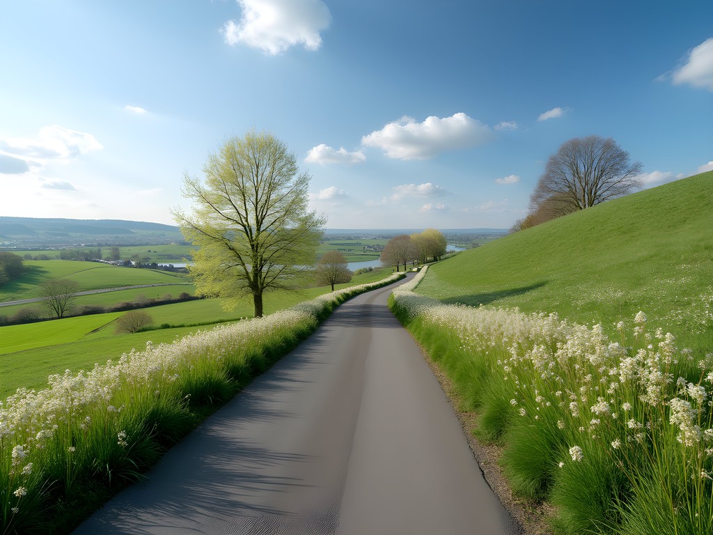 Cycling path through blooming countryside near Maastricht in spring