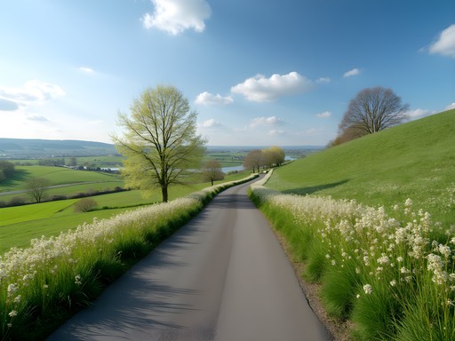 Cycling path through blooming countryside near Maastricht in spring