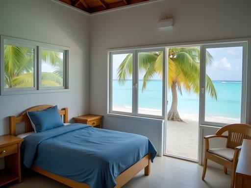 Simple beachfront accommodation in Majuro with traditional elements