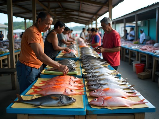 Fresh fish display at Majuro's morning market with local vendors