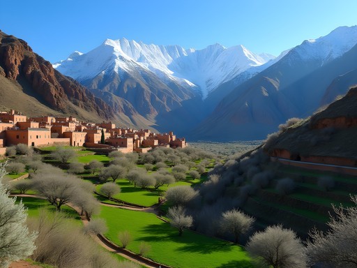Traditional Berber village nestled in Atlas Mountains with spring blossoms and snow-capped peaks