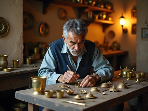 Moroccan artisan demonstrating traditional brass engraving technique in workshop