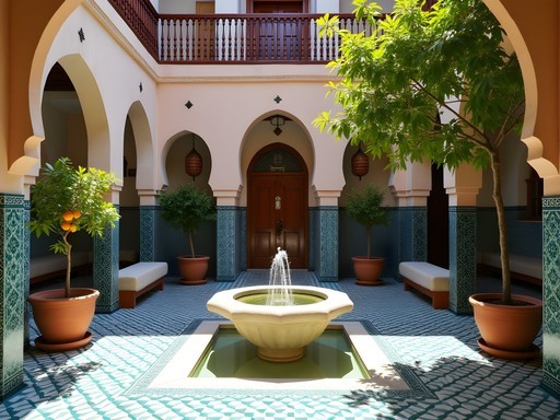 Sunlight streaming into traditional Moroccan riad courtyard with fountain and tilework