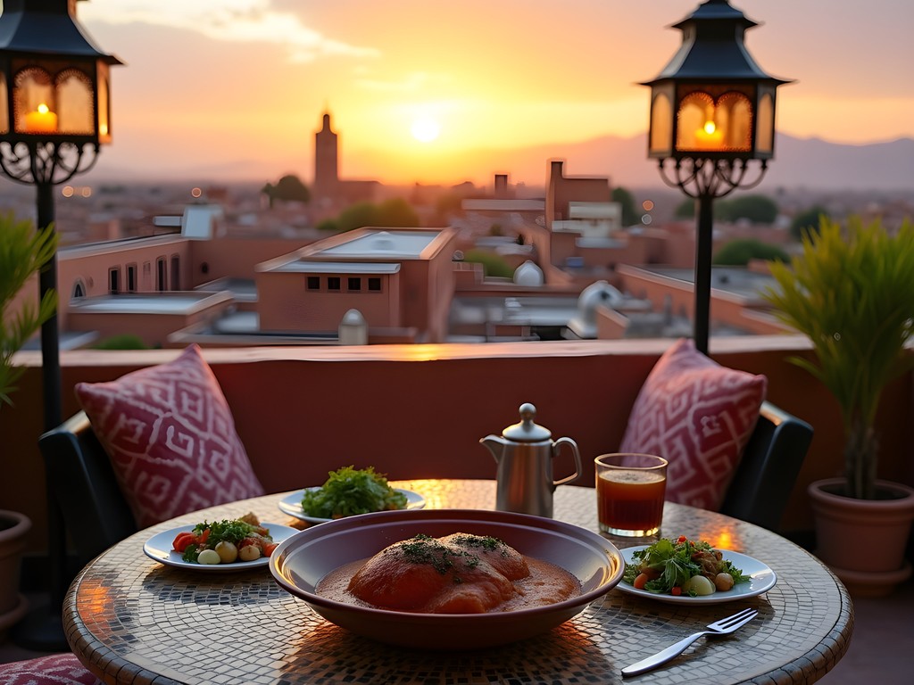 Solo female traveler enjoying dinner on Marrakech rooftop restaurant with Atlas Mountains view at sunset