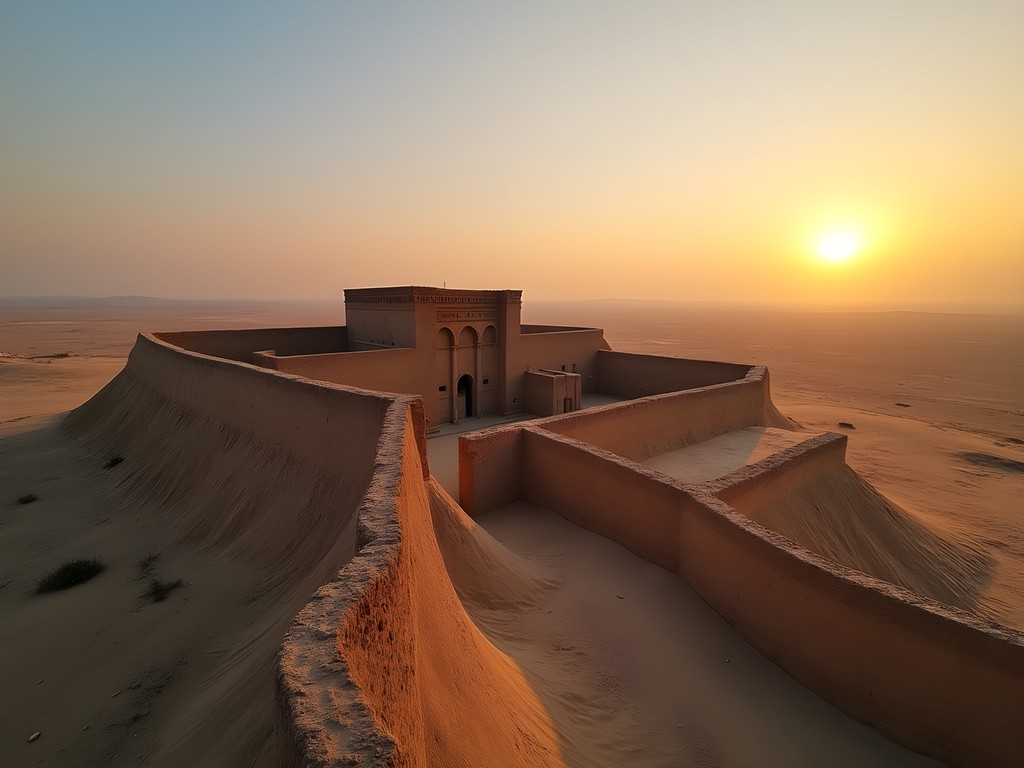 Golden sunrise over the ancient ruins of Merv archaeological site