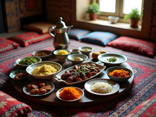 Traditional Turkmen family meal with various dishes served on floor cushions