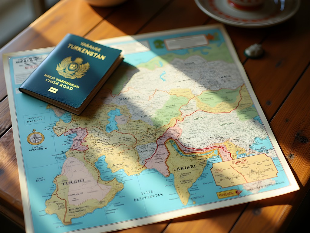 Turkmenistan visa and travel documents laid out on wooden table