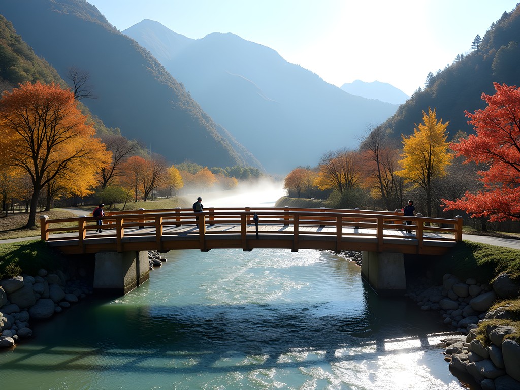 Iconic wooden Kappa Bridge spanning the Azusa River in Kamikōchi with autumn foliage and mountain views