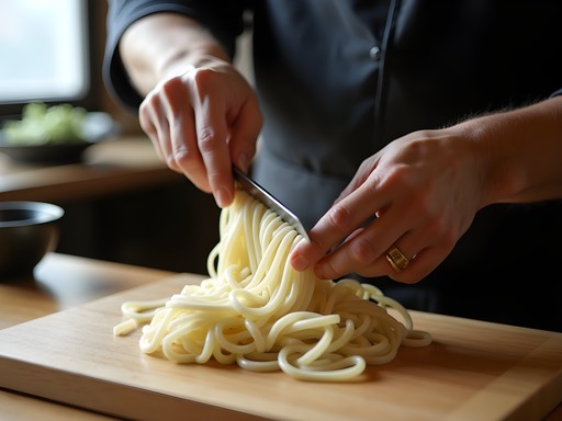 Traditional soba master hand-cutting buckwheat noodles in a Matsumoto restaurant