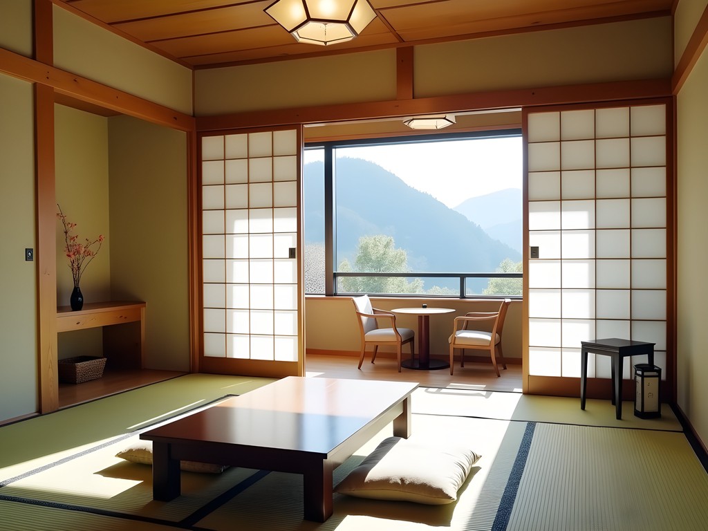 Traditional Japanese ryokan room with tatami floors, futon bedding, and sliding paper doors in Matsumoto