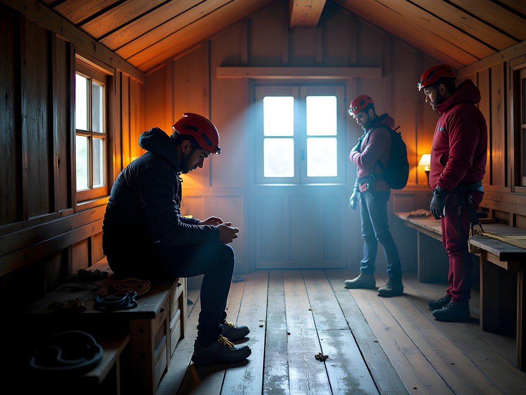 Mountaineer checking safety equipment before Matterhorn climb at Hörnli Hut