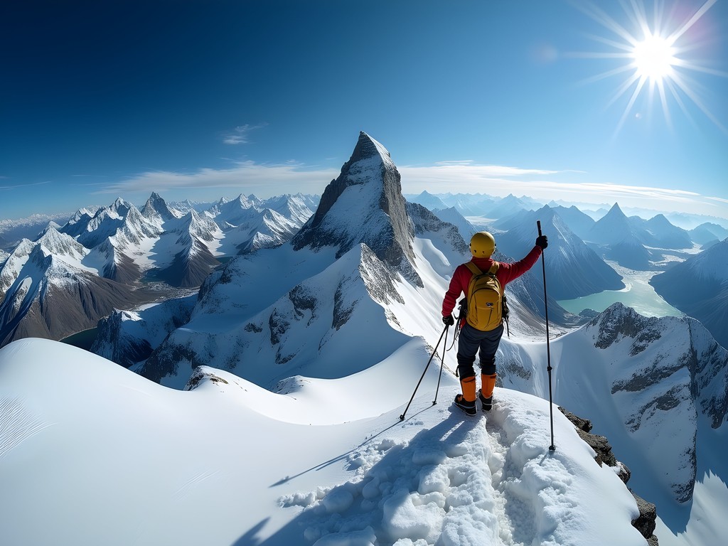 Woman mountaineer celebrating on Matterhorn summit with panoramic Alpine view