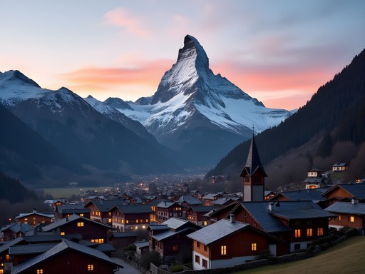 Zermatt village with iconic Matterhorn peak in background at sunset