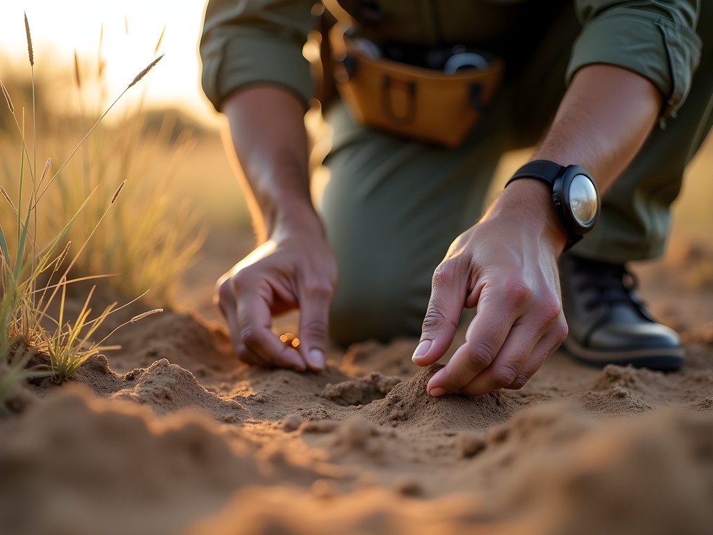 Botswanan safari guide demonstrating tracking techniques in the Okavango Delta