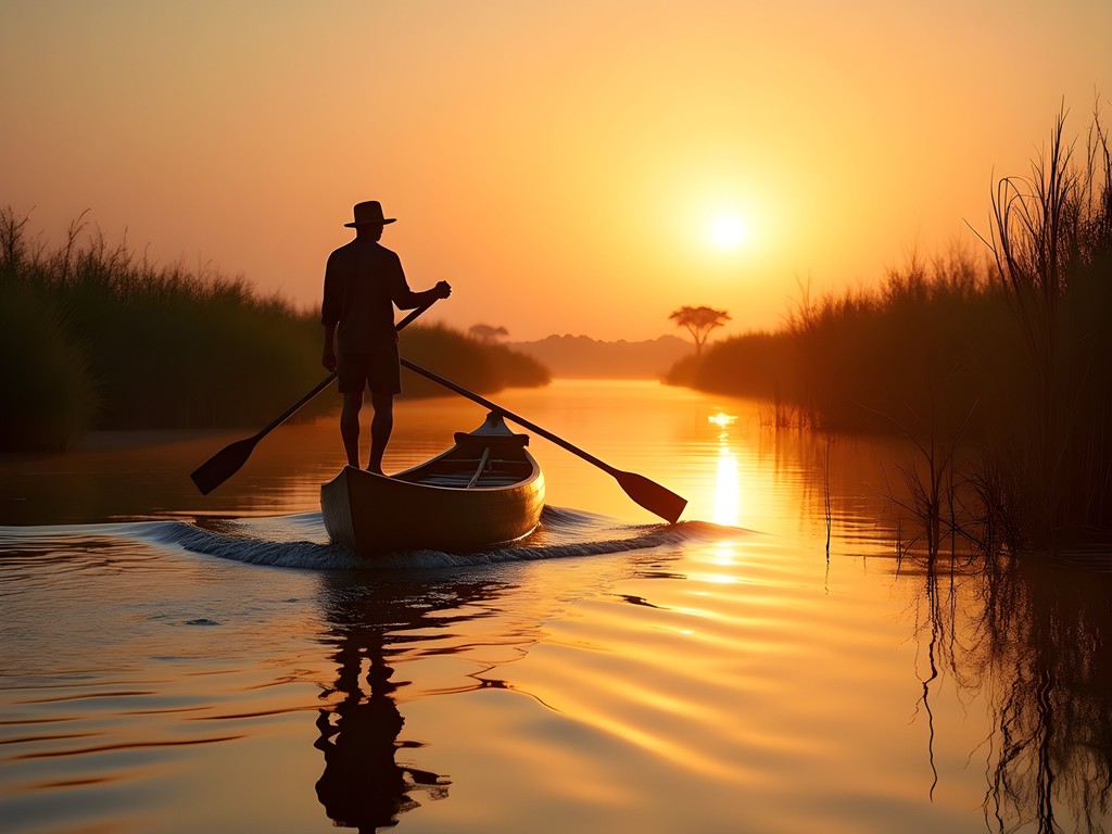 Solo traveler on mokoro canoe excursion in Okavango Delta at sunset