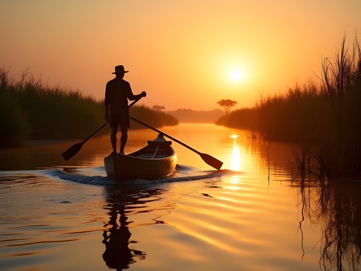Solo traveler on mokoro canoe excursion in Okavango Delta at sunset