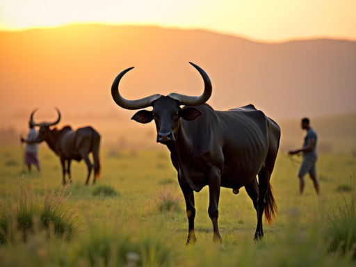 Magnificent Ankole long-horned cattle grazing with their herders near Mbarara