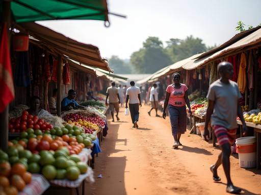 Bustling local market in downtown Mbarara with colorful produce and textiles