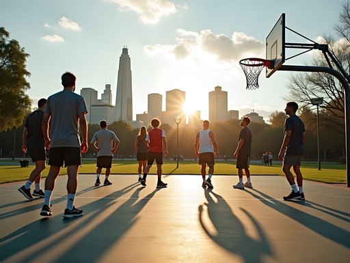 Morning pickup basketball game at a Melbourne public court with city skyline in background