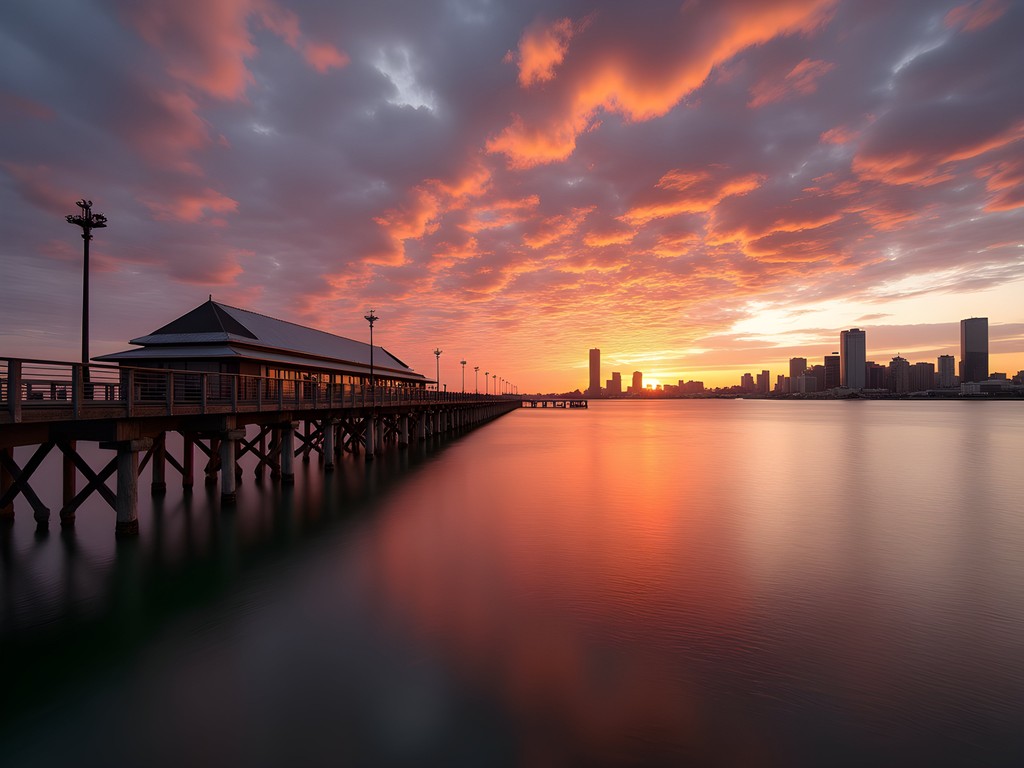 Sunset view of St Kilda Pier with Melbourne skyline in the distance