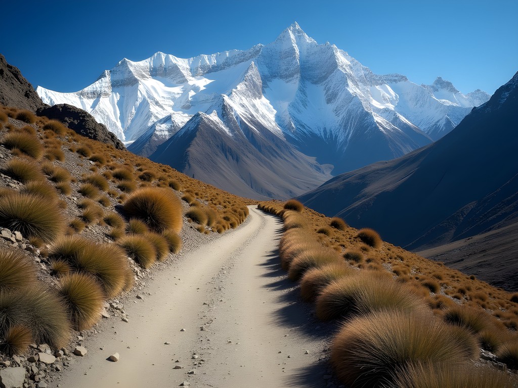 Hiking trail in Aconcagua Provincial Park with view of snow-capped Andes Mountains