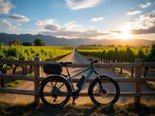 Bicycle leaning against vineyard fence in Maipú wine region with mountains in background