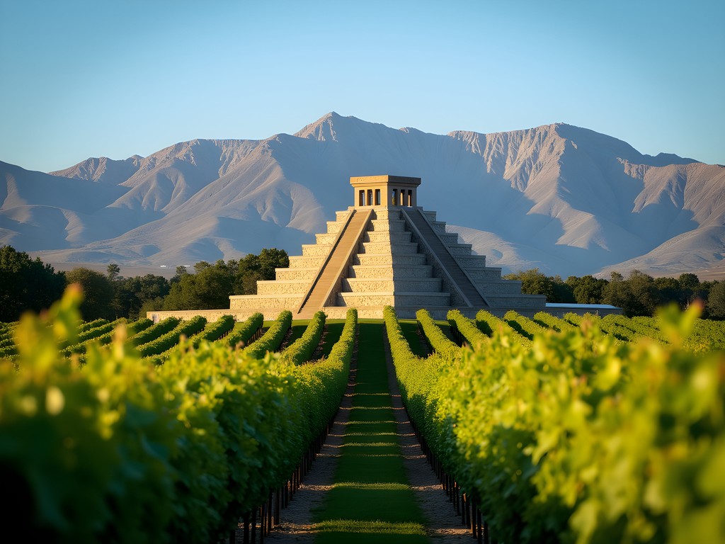 Catena Zapata winery's distinctive Mayan-pyramid architecture with Andes Mountains backdrop